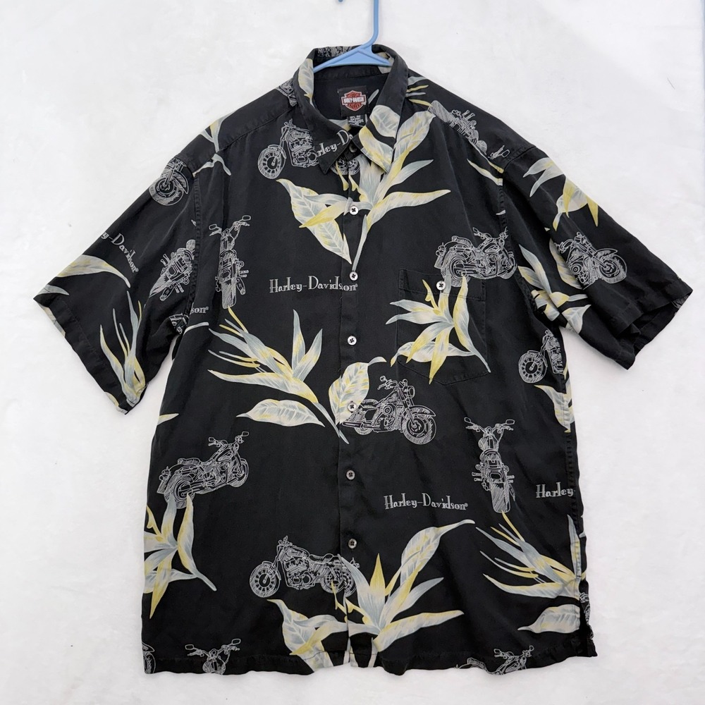 Harley Davidson Hawaiian Shirt Mens XL Black Floral Silk Pocket Button Up